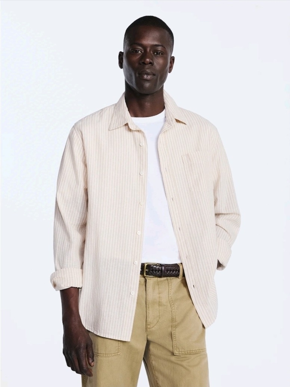 Free Assembly NEW Men's 2XL Cotton Linen Striped Button Down Shirt Tan
